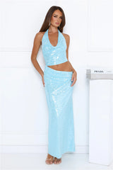Twinkle Temptation Halter Sequin Maxi Dress Blue